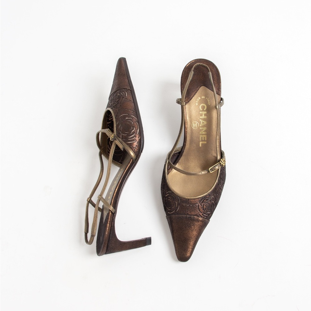 Chanel Bronze Camellia Slingback Heels